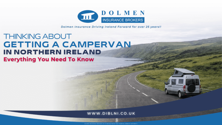 image for blog with picture of campervan driving on right and text on left saying "thinking about getting a campervan in Northern Ireland"