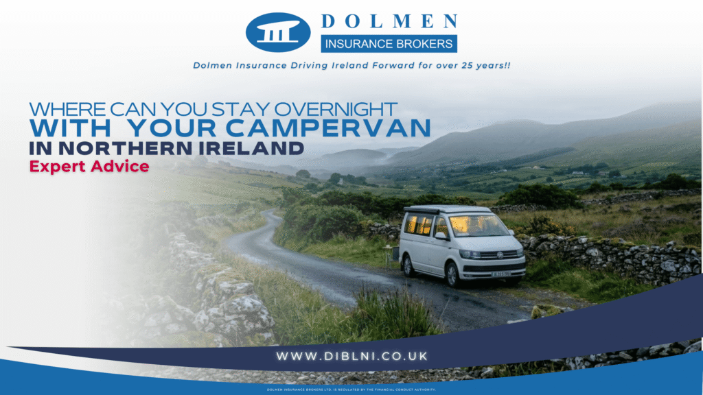 Image of Camper Van parked in irish countrysides with title of blog "where can you stay overnight with your campervan in northern ireland"