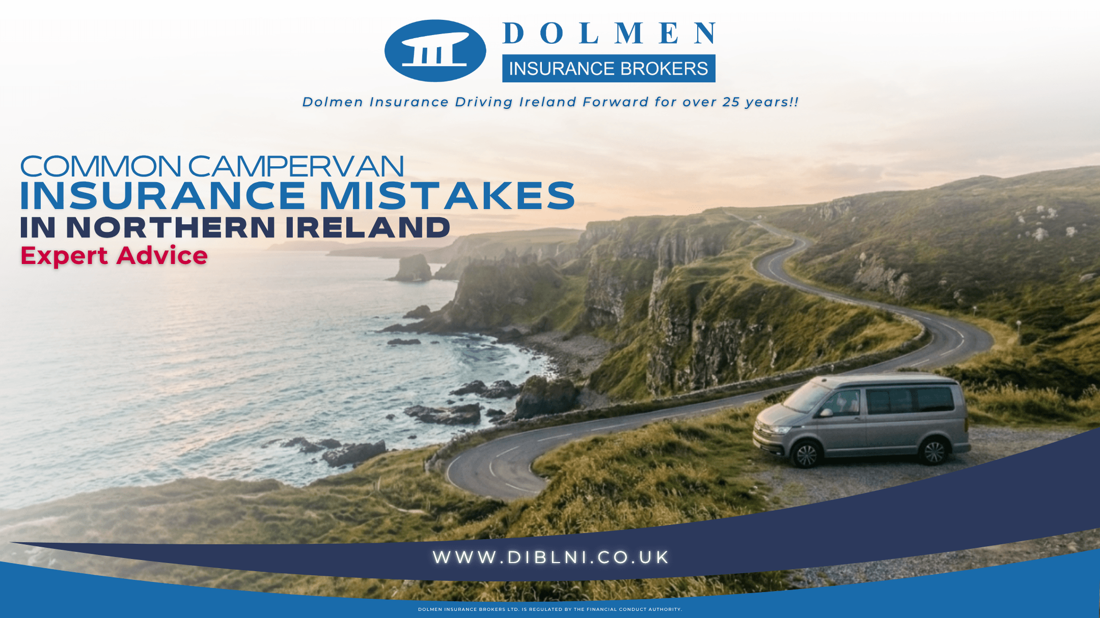 image of campervan parked on cliff with title of blog "common campervan insurance mistakes in northern Ireland" on the left
