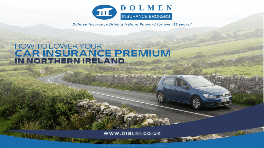 image of car driving on road with text on left saying "how to lower your car insurance premium in northern Ireland"