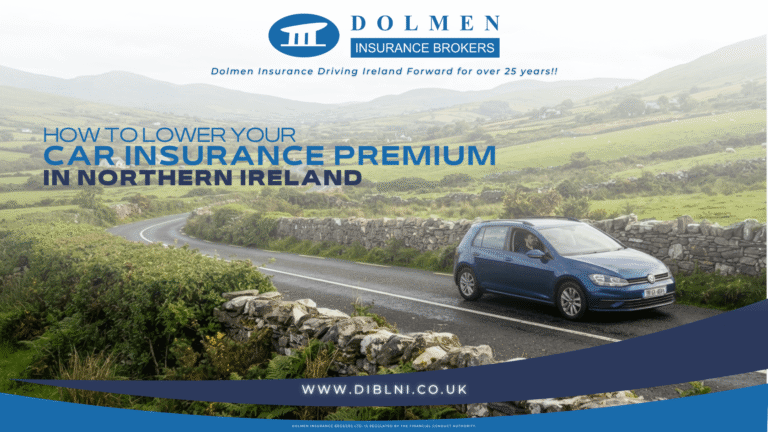 image of car driving on road with text on left saying "how to lower your car insurance premium in northern Ireland"