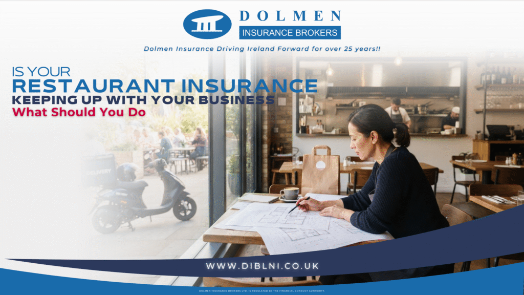 Image of women inspecting restaurant plans with text on left saying "Is your restaurant insurance keeping up with your business, what should you do"
